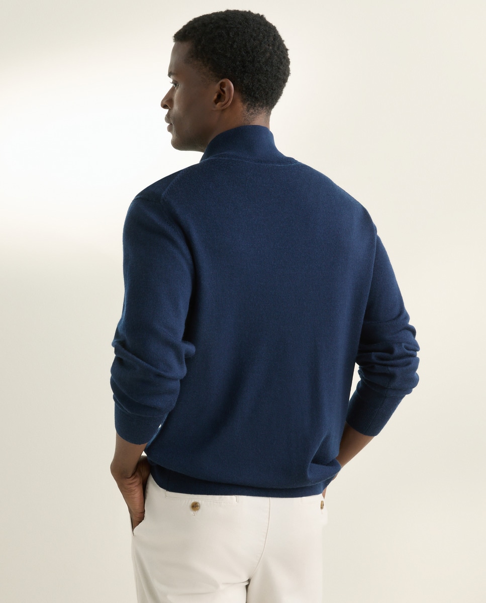 Camisola de Malha 100% Merino Lisa com Gola Semi Cisne com Fecho de Correr Azul-marinho-6