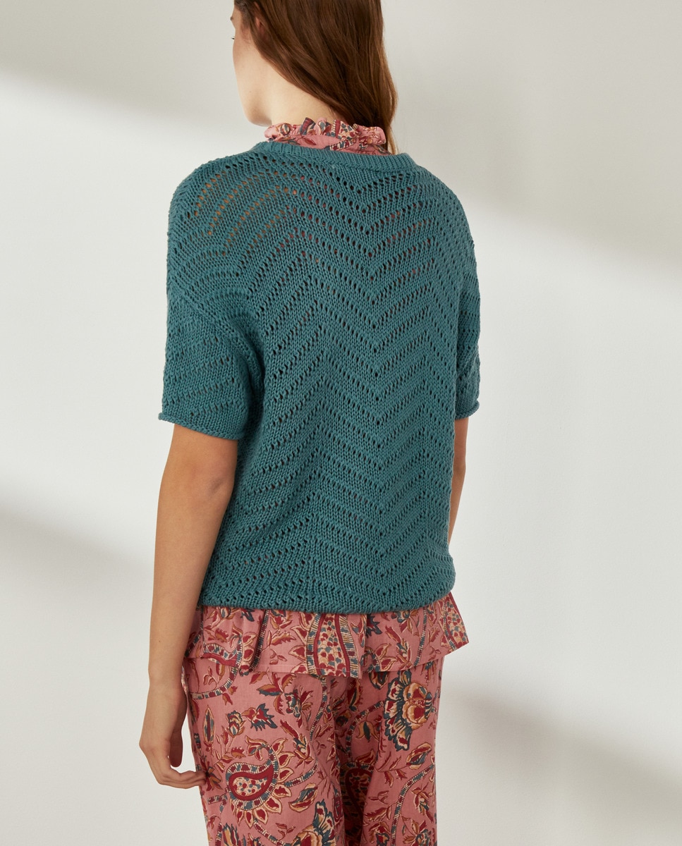 Camisola de malha de mulher com manga curta Verde Pato-3