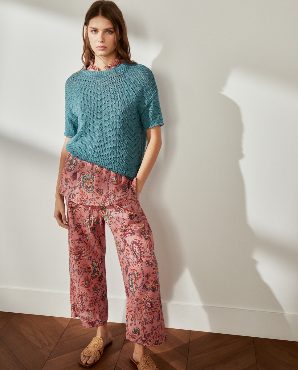 Camisola de malha de mulher com manga curta Verde Pato-2
