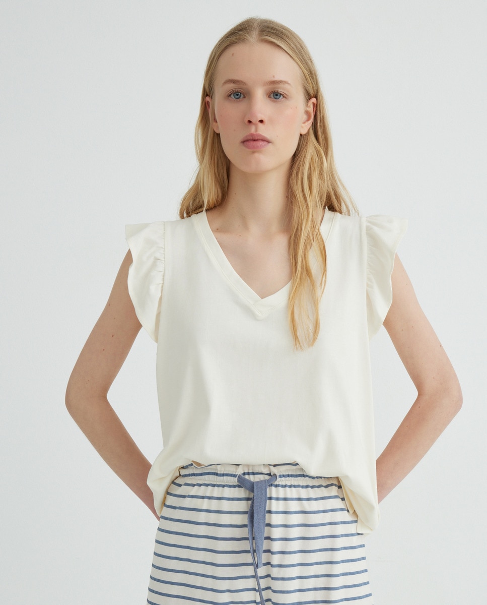 Camiseta de mujer con volantes Blanco-1