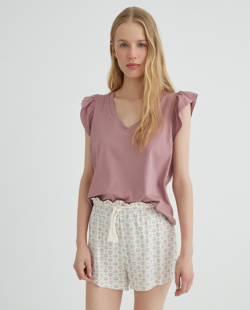Camiseta de mujer con volantes Morado-2