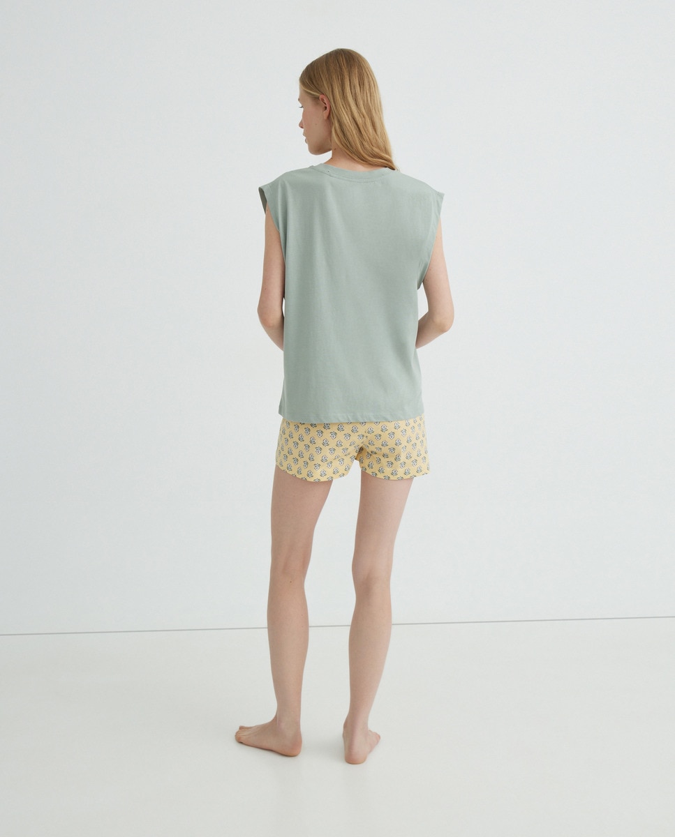 Pijama de mujer punto corto algodón estampado Verde Agua-2
