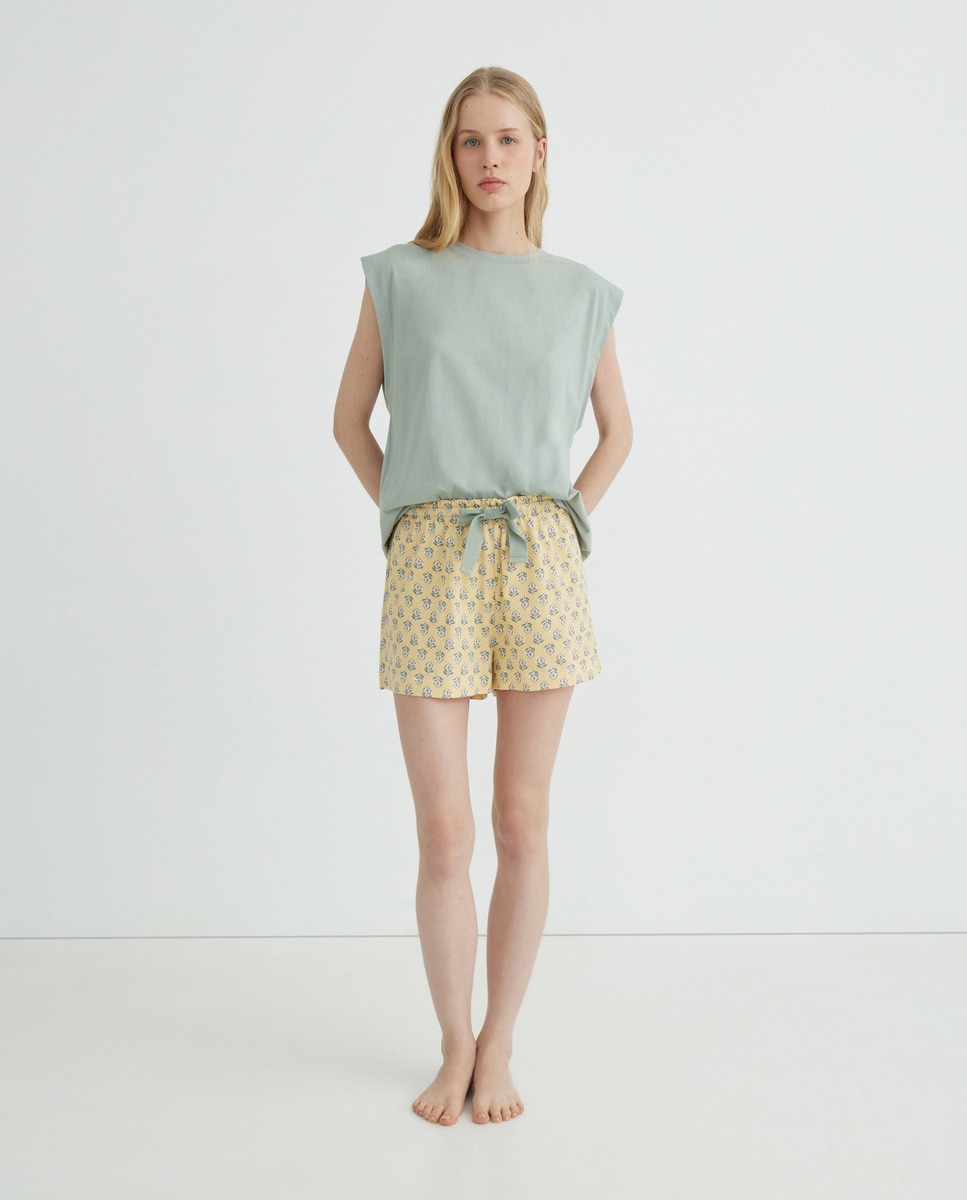 Pijama de mujer punto corto algodón estampado Verde Agua-1