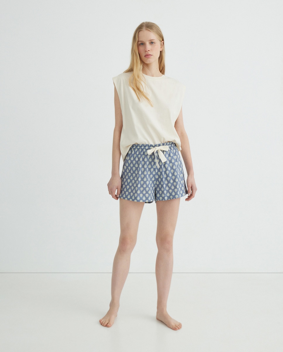 Pijama de mujer punto corto algodón estampado Blanco-1