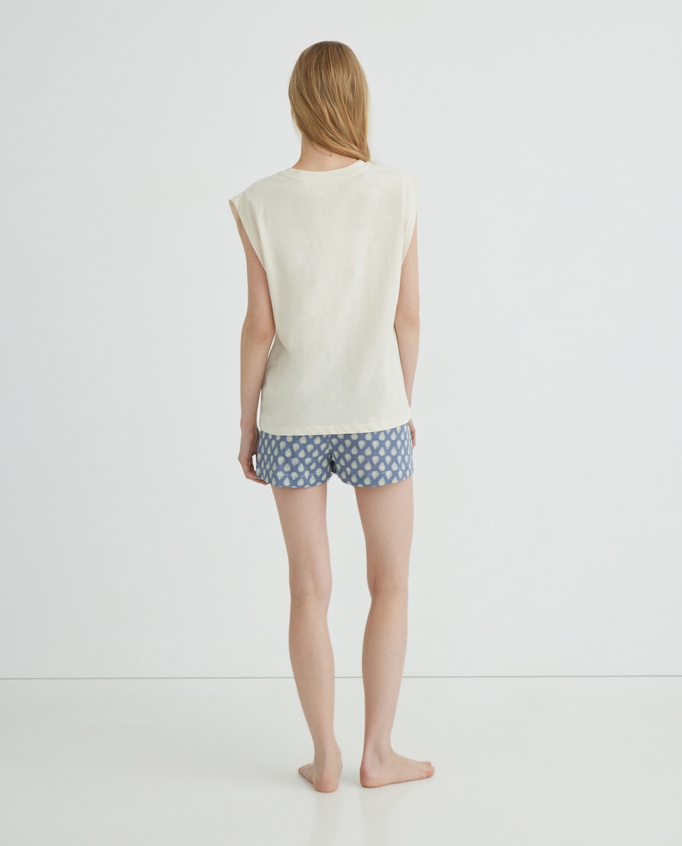 Pijama de mujer punto corto algodón estampado Blanco-2