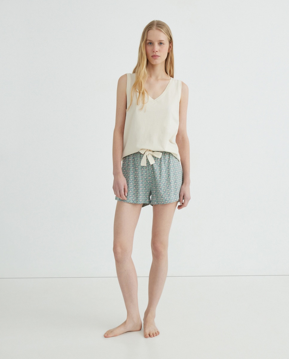 Pijama de mujer punto corto algodón estampado Blanco-1