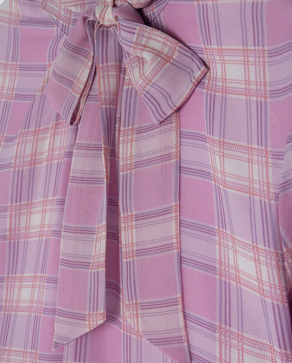 Blusa de Manga Curta com Gola Atada aos Quadrados Rosa-claro-6