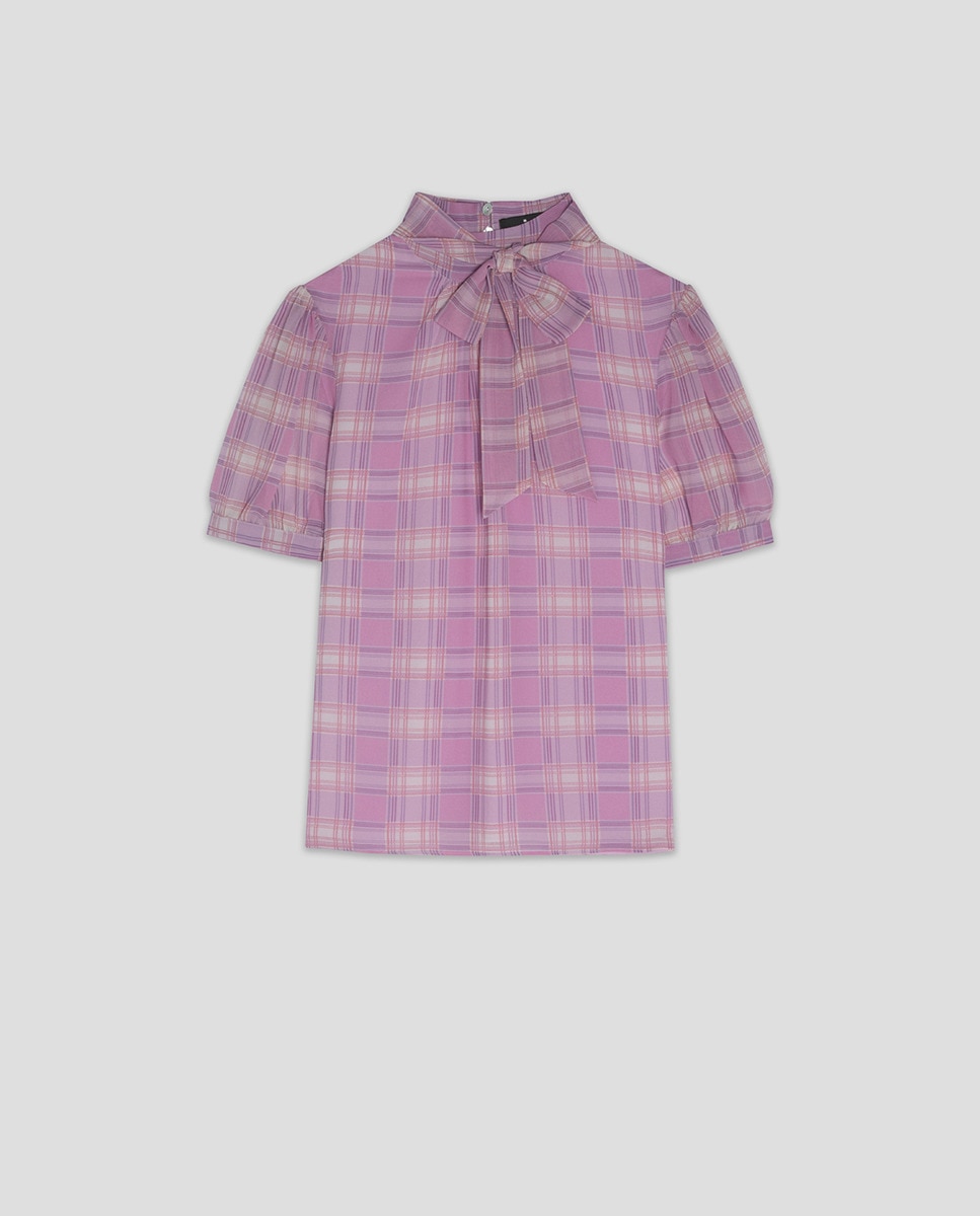 Blusa de Manga Curta com Gola Atada aos Quadrados Rosa-claro-5
