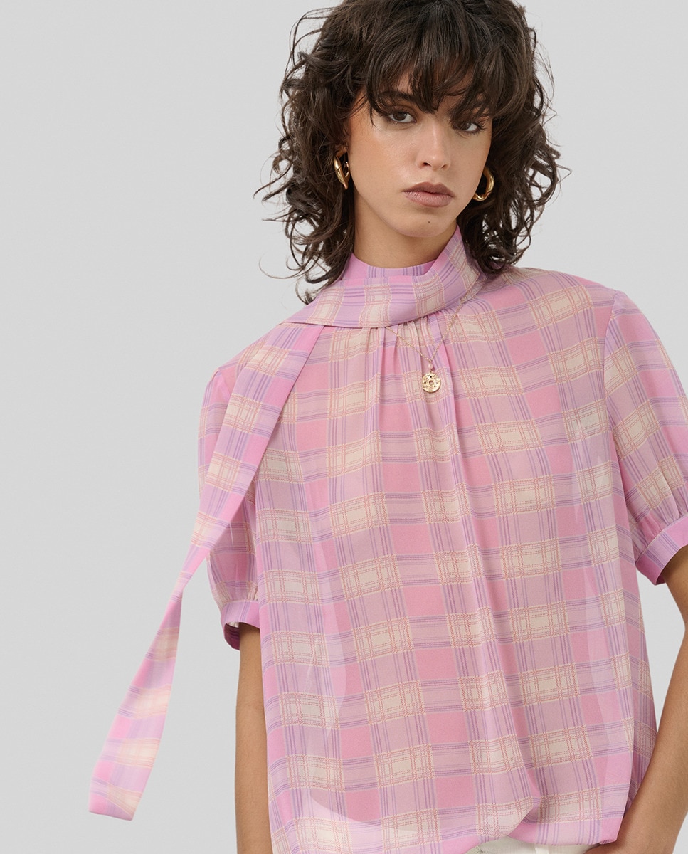 Blusa de Manga Curta com Gola Atada aos Quadrados Rosa-claro-4