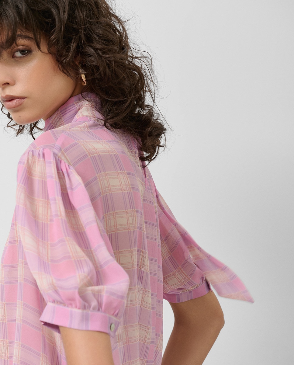 Blusa de Manga Curta com Gola Atada aos Quadrados Rosa-claro-2