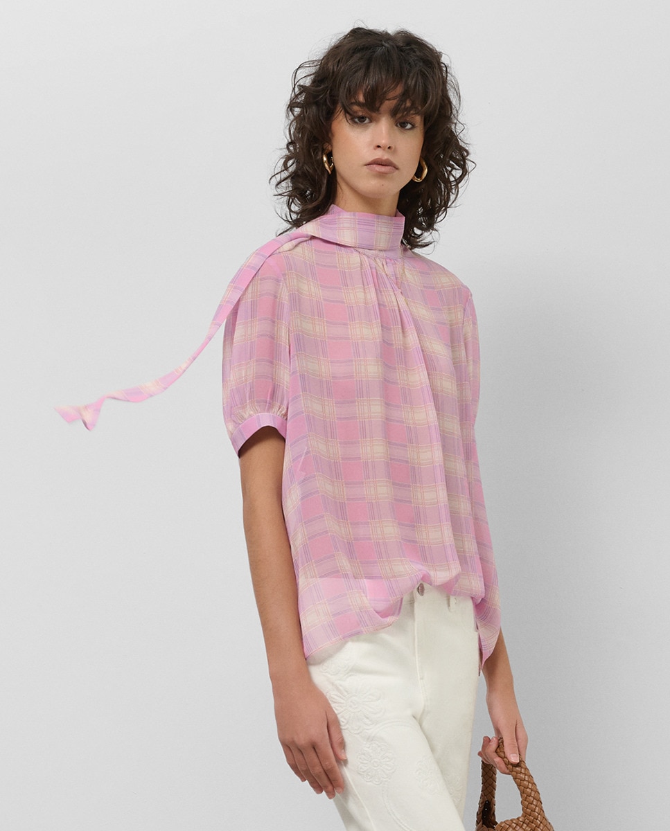 Blusa de Manga Curta com Gola Atada aos Quadrados Rosa-claro-1