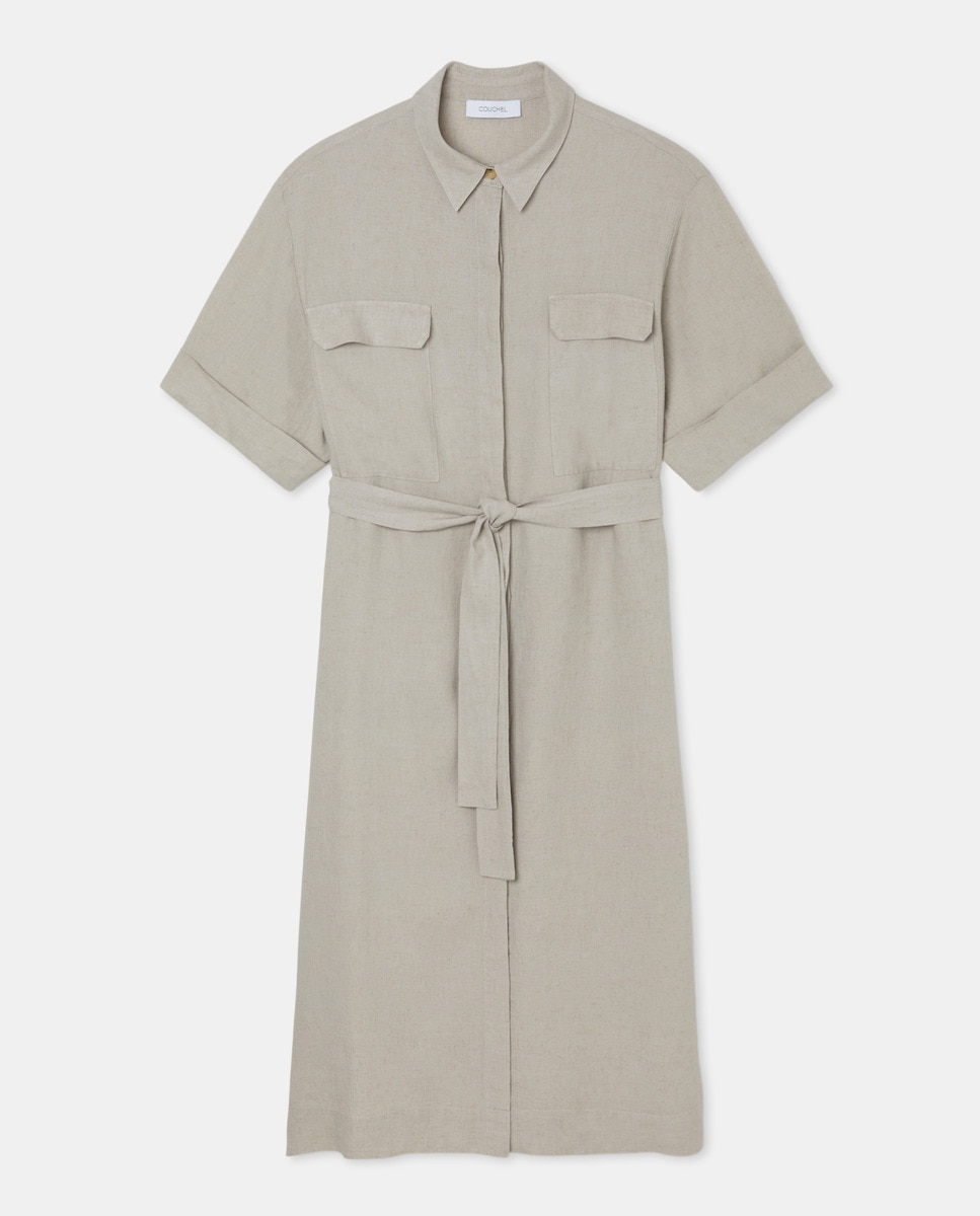 Vestido Camiseiro com Mistura de Linho e Cinto Bege-5