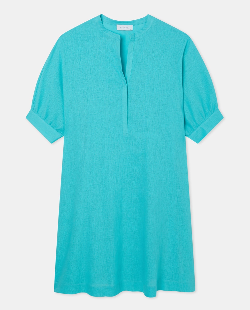 Vestido em Mistura de Linho com Manga Curta 450 Turquesa-4