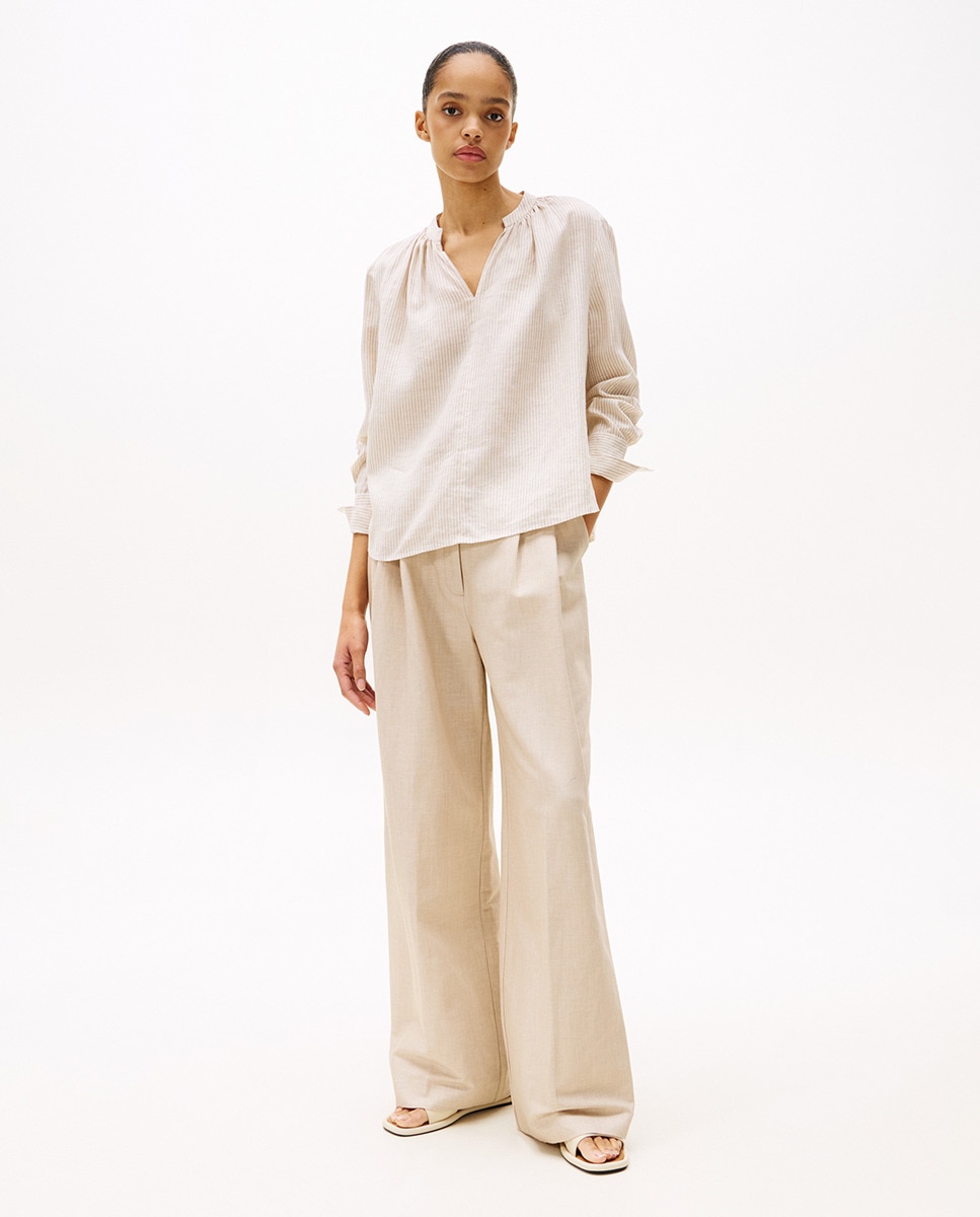 Blusa de Manga Comprida de Linho Camel-7