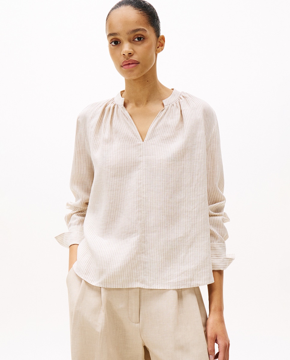 Blusa de Manga Comprida de Linho Camel-1