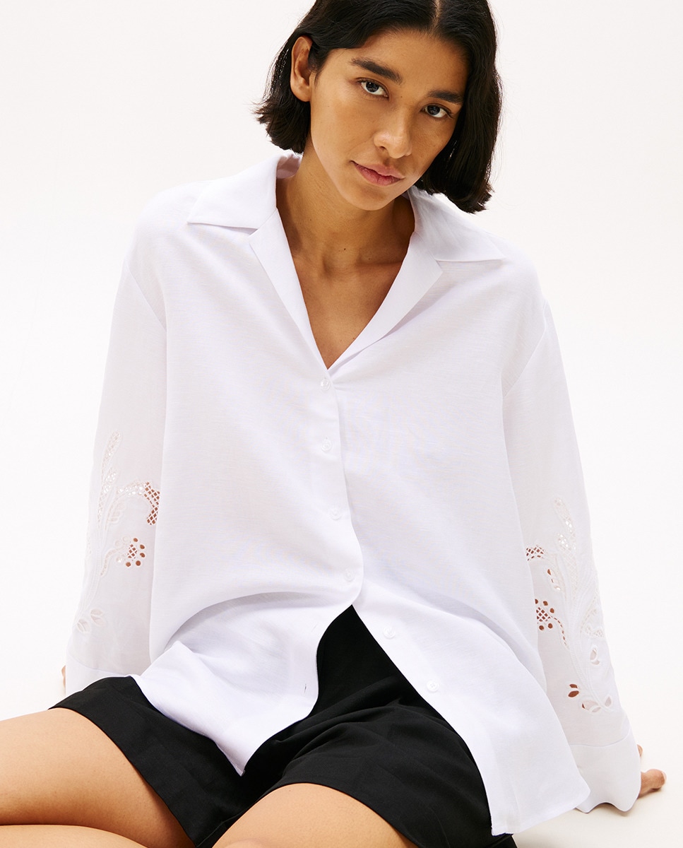 Camisa de Linho com Bordados Anglaise Branco-3