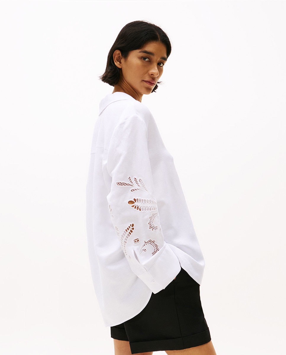 Camisa de Linho com Bordados Anglaise Branco-2