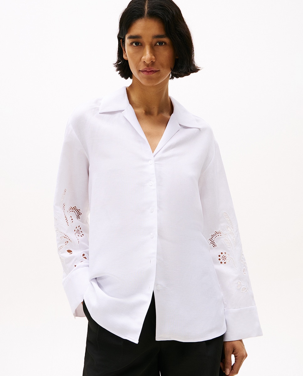 Camisa de Linho com Bordados Anglaise Branco-1