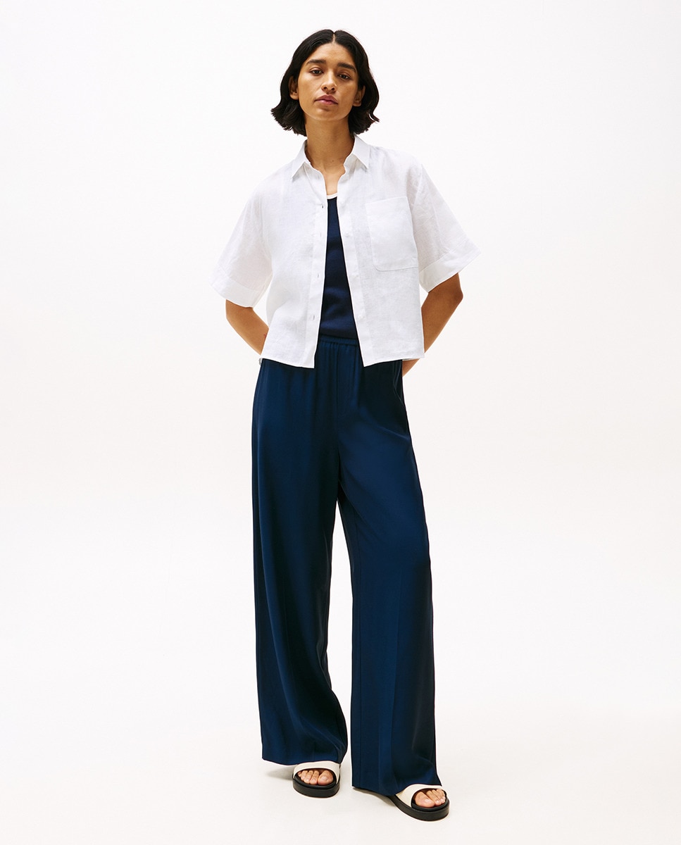 Camisa de Linho com Manga Curta Branco-8