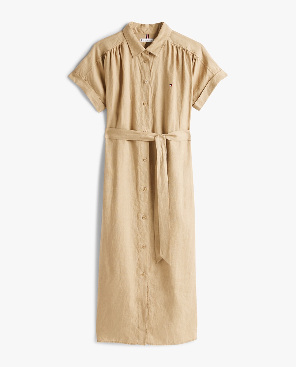 Vestido Midi de Linho com Manga Curta Camel-5