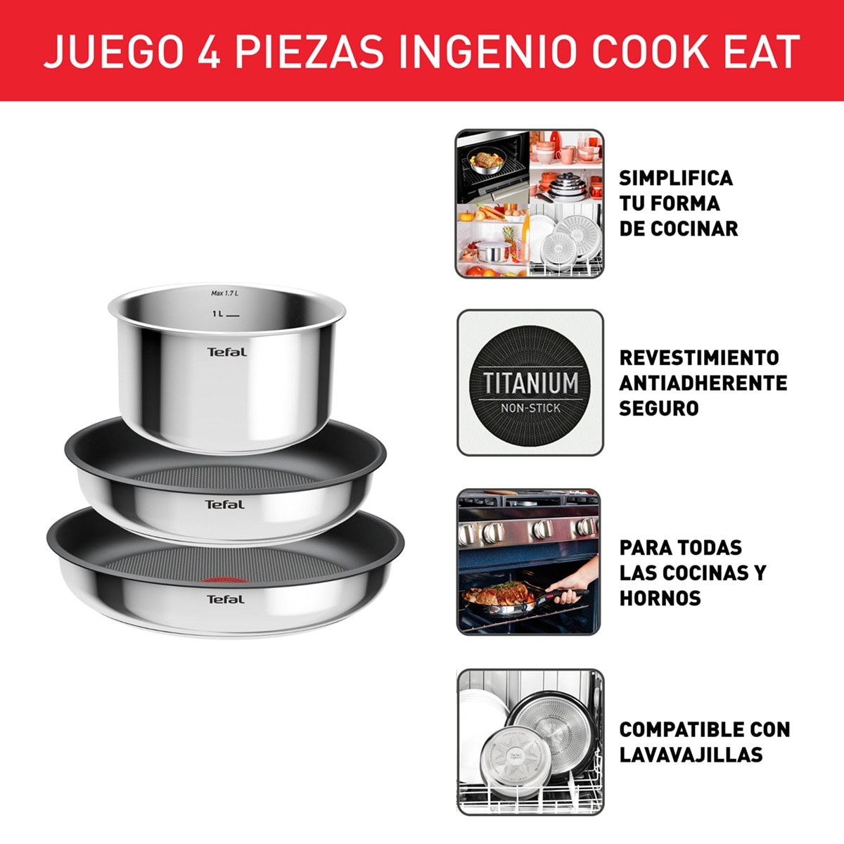 Conjunto de 3 Peças de Aço Inoxidável + Cabo Amovível Ingenio Aço-3