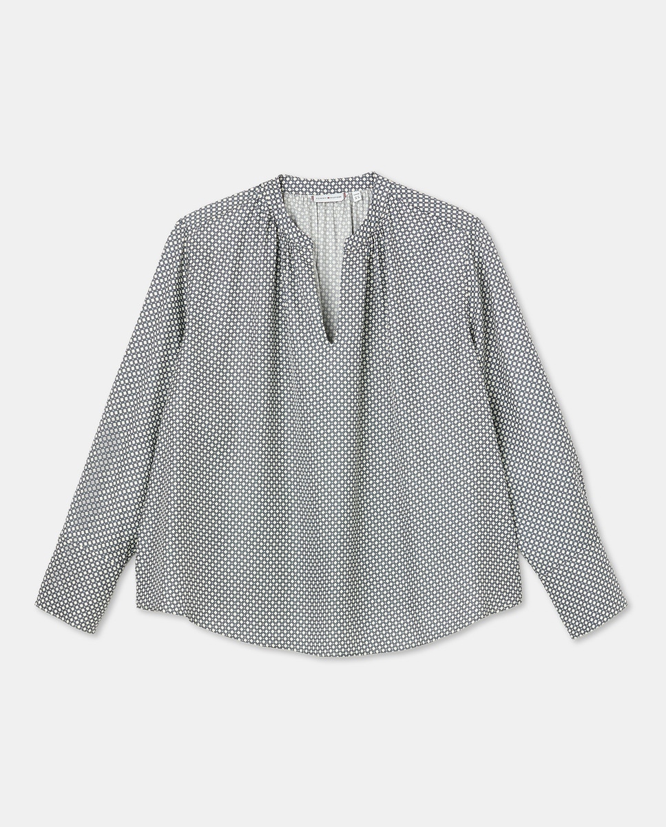 Blusa de Manga Comprida Fluida com Decote em Bico Azul-4