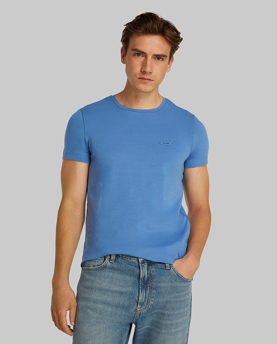 T-shirt Slim de Algodão Elástico Azul-1
