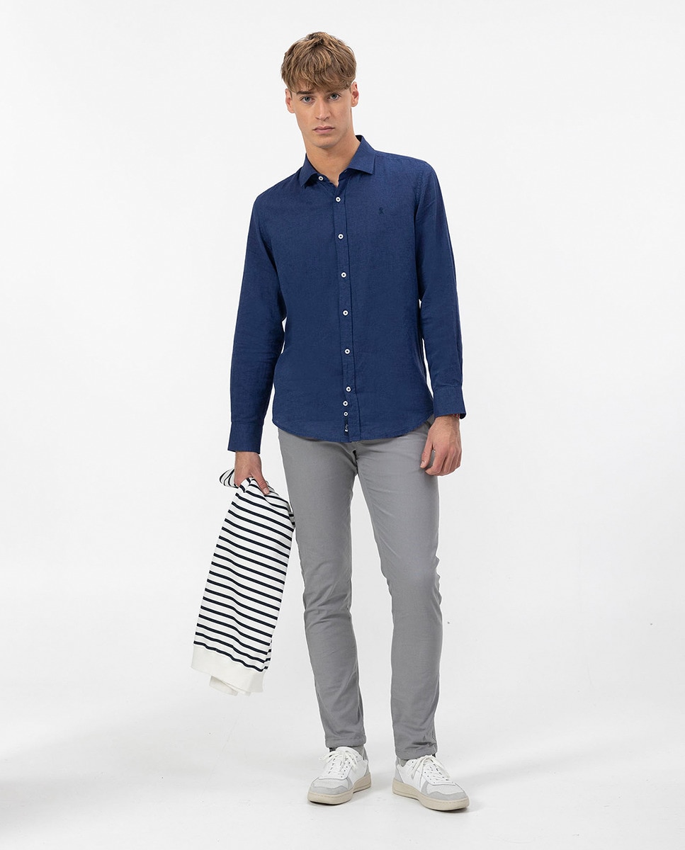 Camisa Lisa com Manga Comprida Azul-6