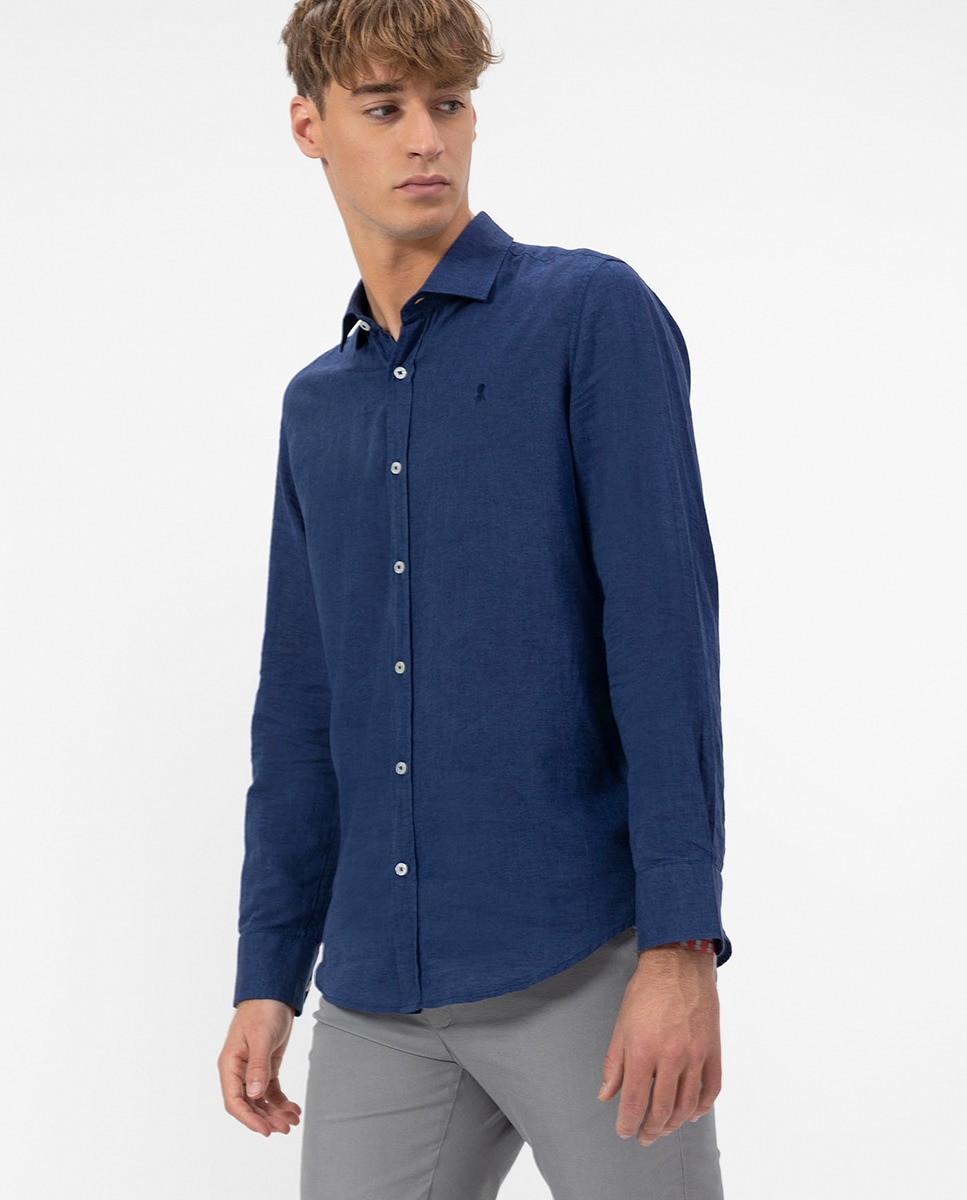 Camisa Lisa com Manga Comprida Azul-1