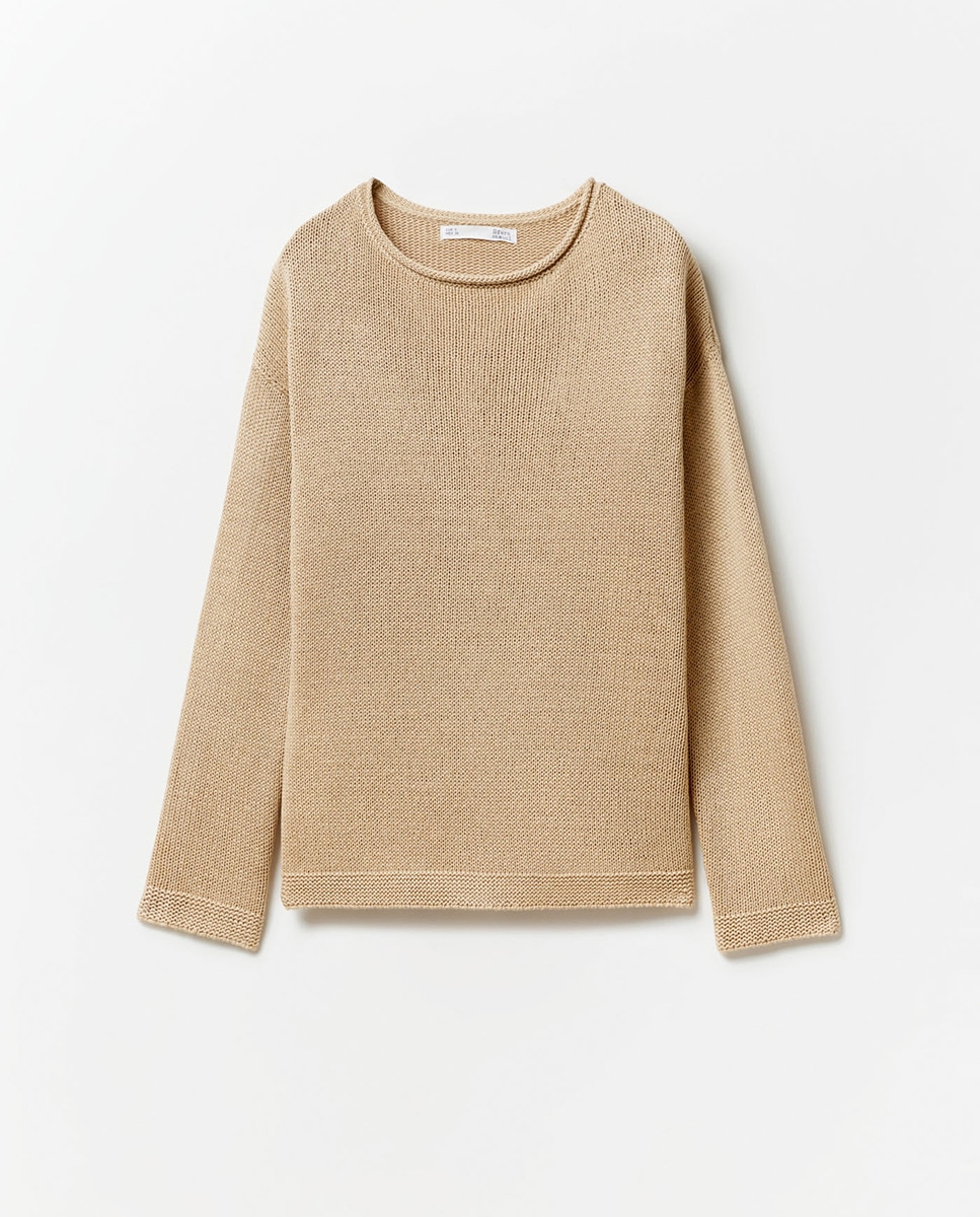 Camisola de Malha Lisa com Fitas Bege-5