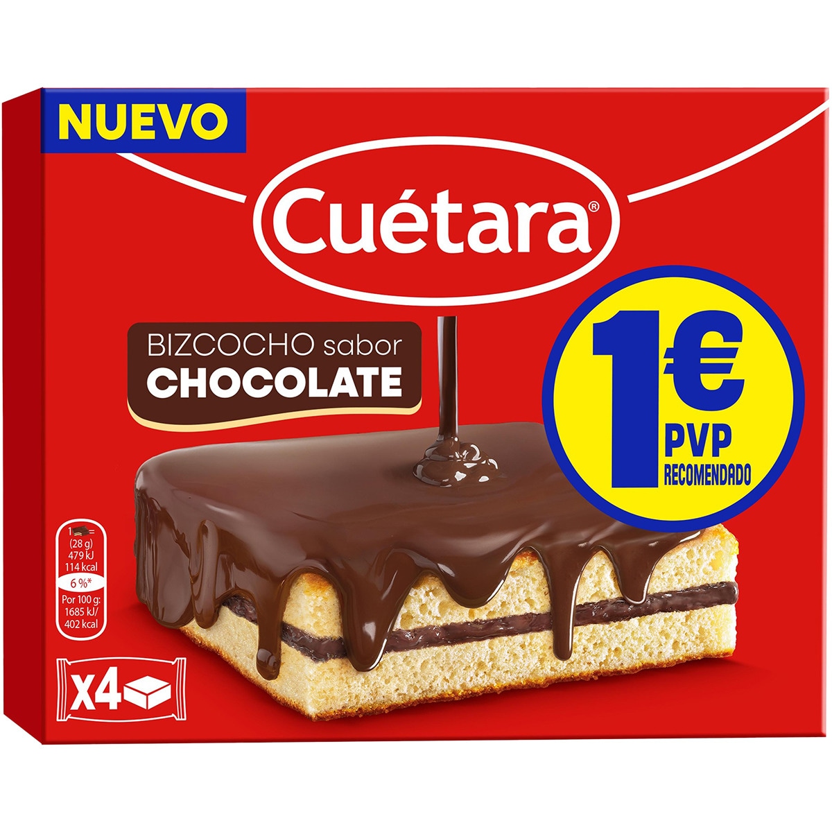 bizcocho sabor chocolate 4 unidades caja 112 g