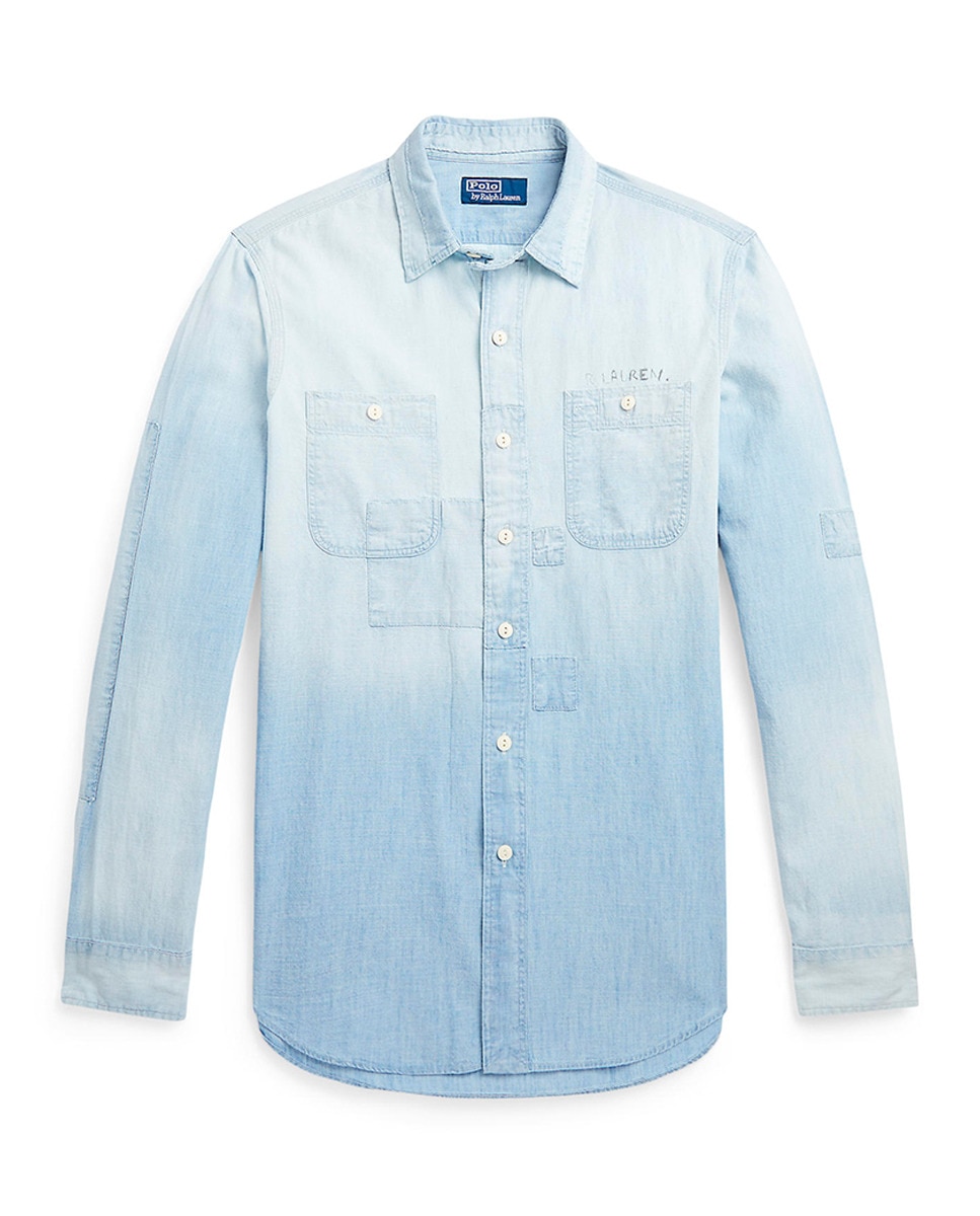 Camisa de Algodão Classic Fit com Bolsos de Remendo Azul-claro-5