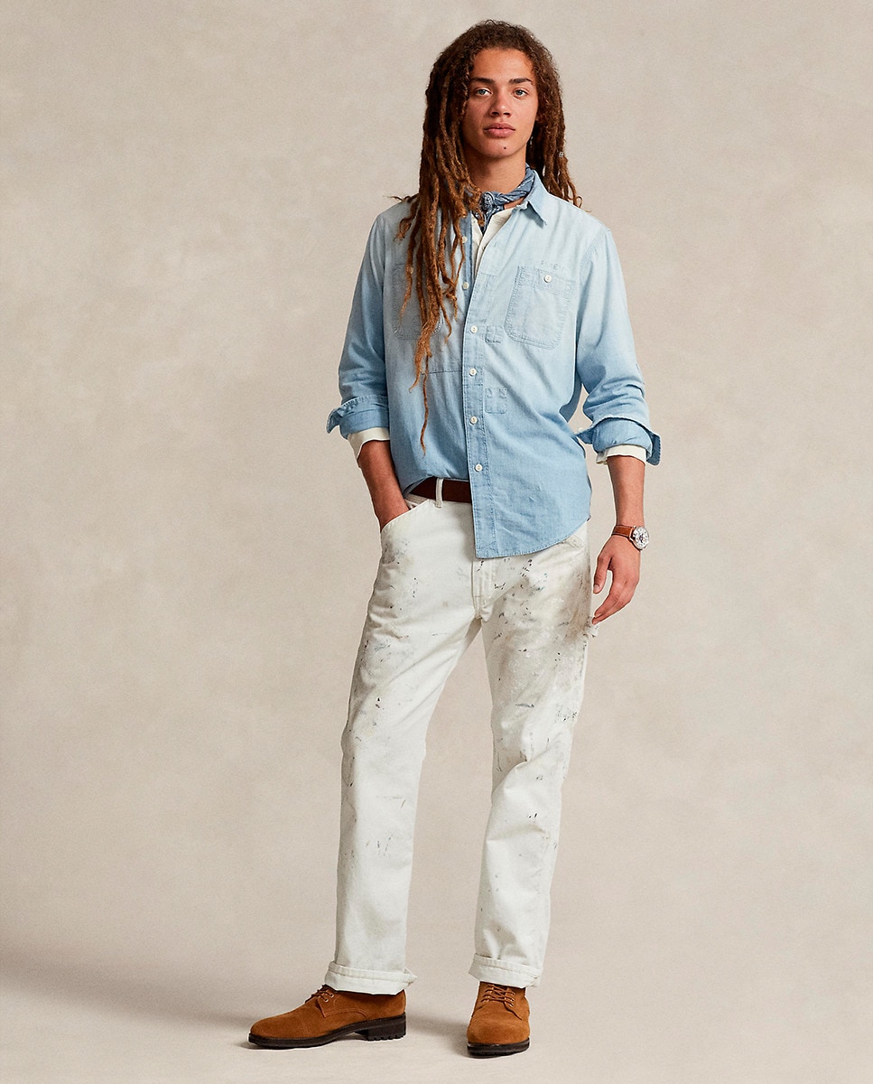 Camisa de Algodão Classic Fit com Bolsos de Remendo Azul-claro-6