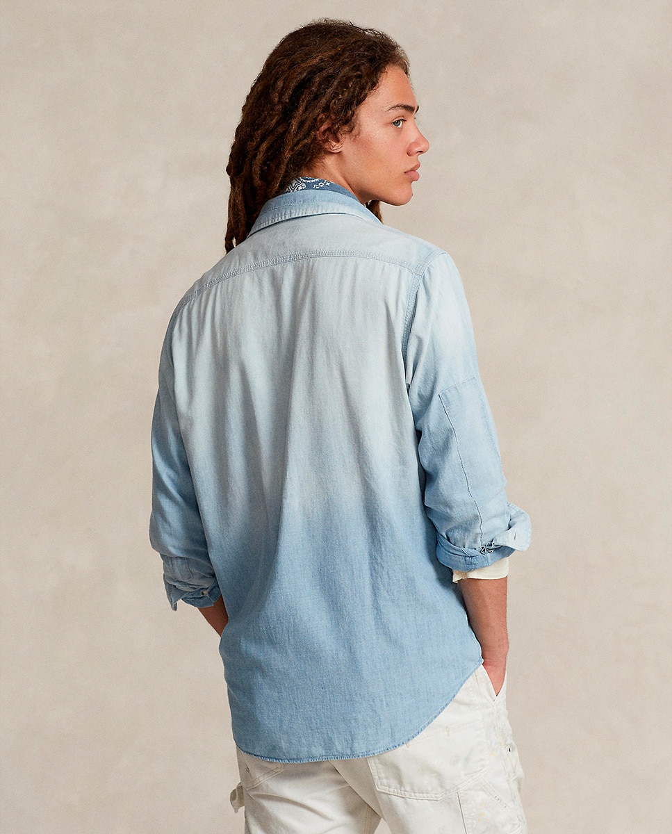 Camisa de Algodão Classic Fit com Bolsos de Remendo Azul-claro-3