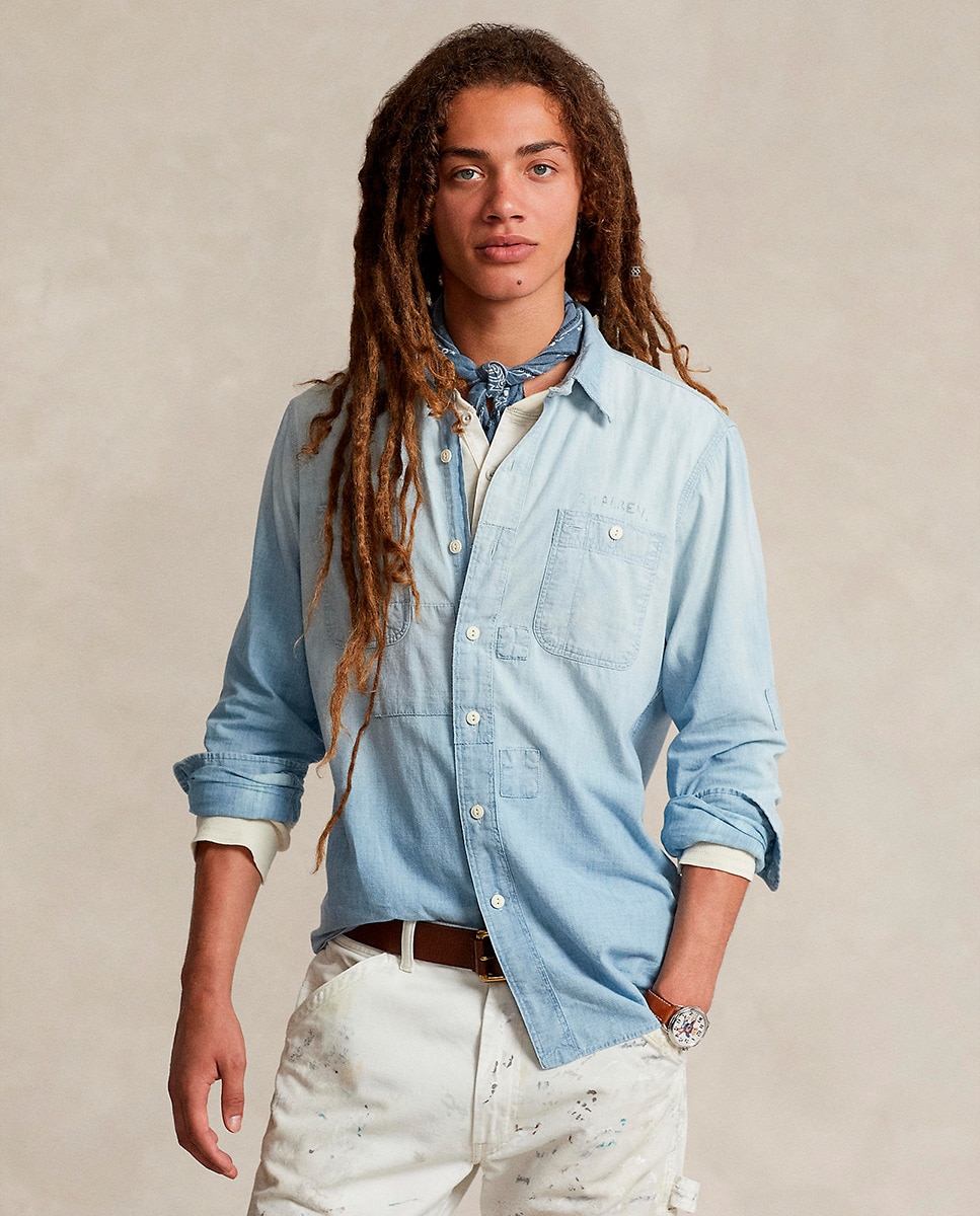 Camisa de Algodão Classic Fit com Bolsos de Remendo Azul-claro-1