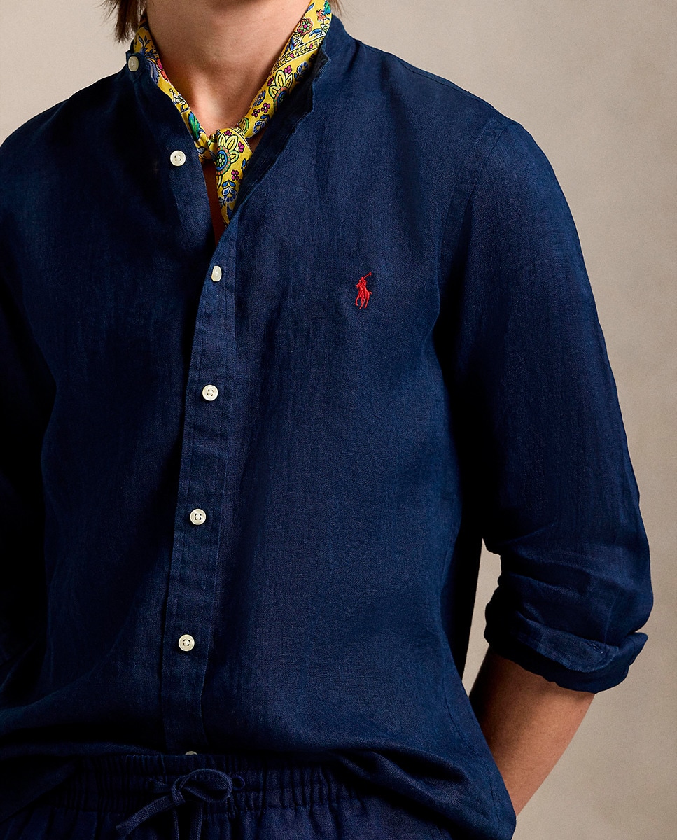 Camisa Slim Fit de Linho Azul-marinho-4