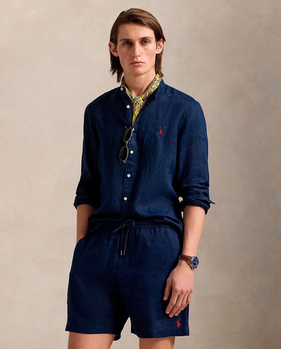 Camisa Slim Fit de Linho Azul-marinho-1