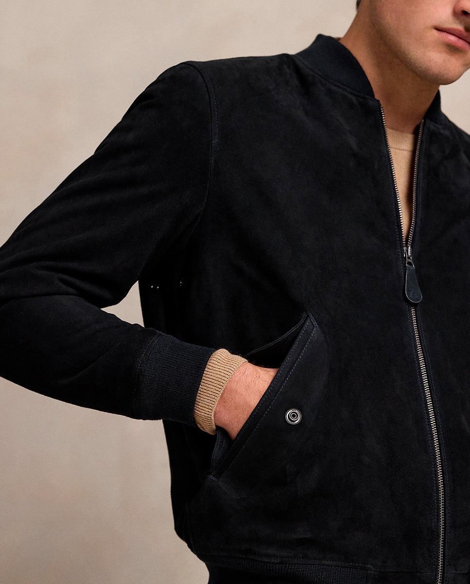 Blusão Estilo Bomber em Pele Azul-marinho-5