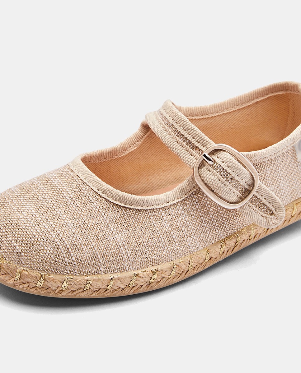 Sandálias de Juta Tipo Sapatos de Presilha com Fio Metalizado Ouro-2