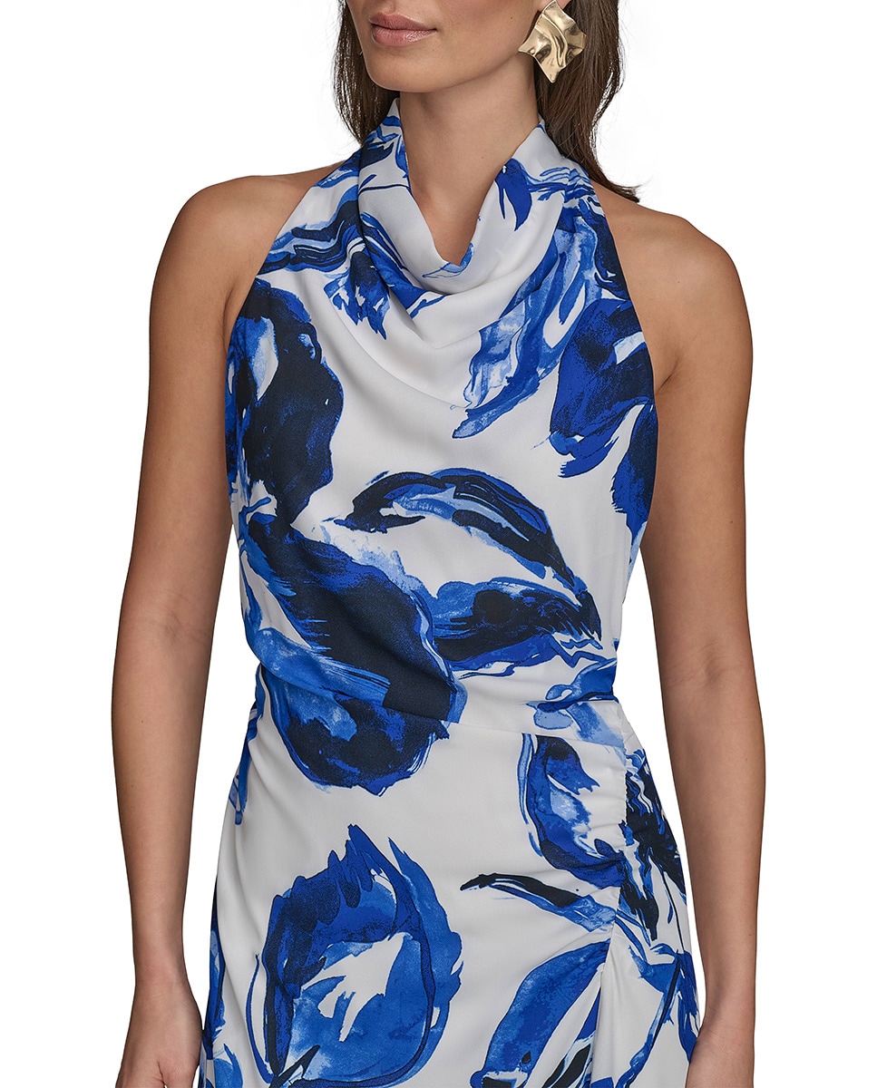 Vestido com Estampado Floral e Gola Halter Azul-índigo-3