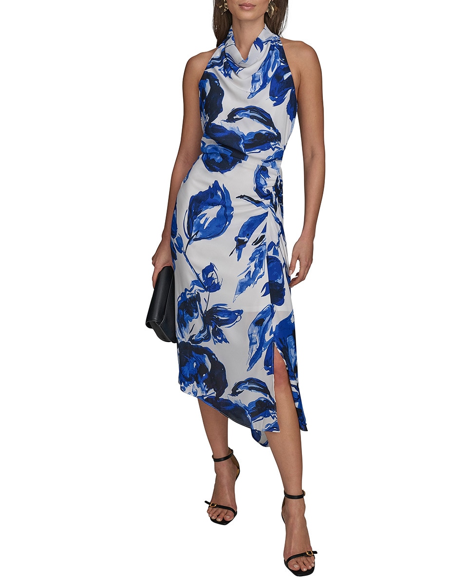 Vestido com Estampado Floral e Gola Halter Azul-índigo-1