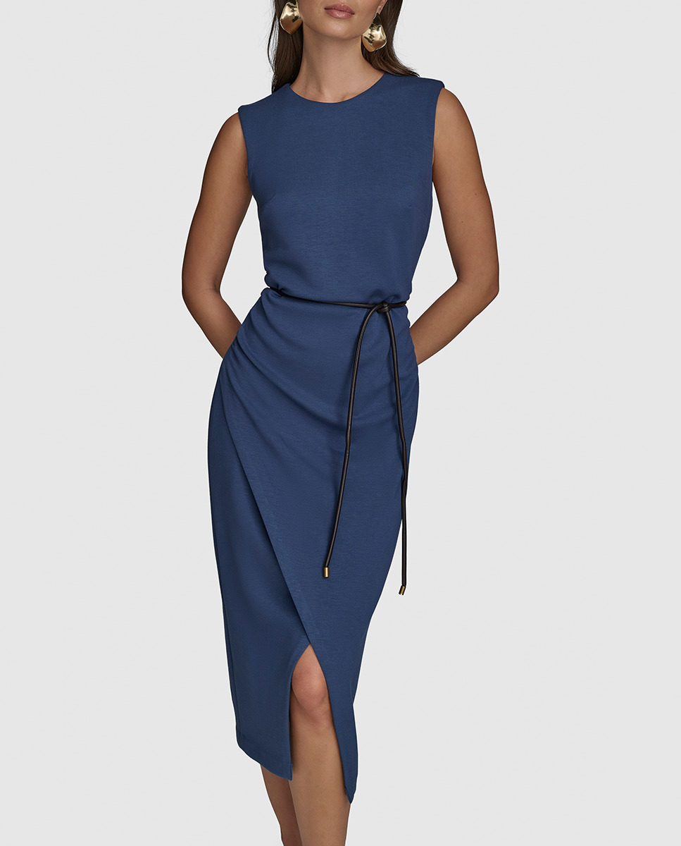Vestido sem Mangas e com Cinto Azul-índigo-4