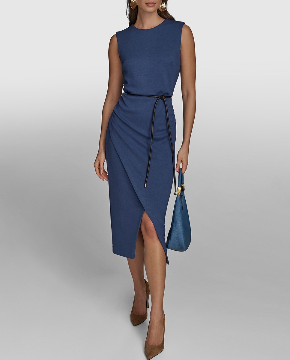 Vestido sem Mangas e com Cinto Azul-índigo-1