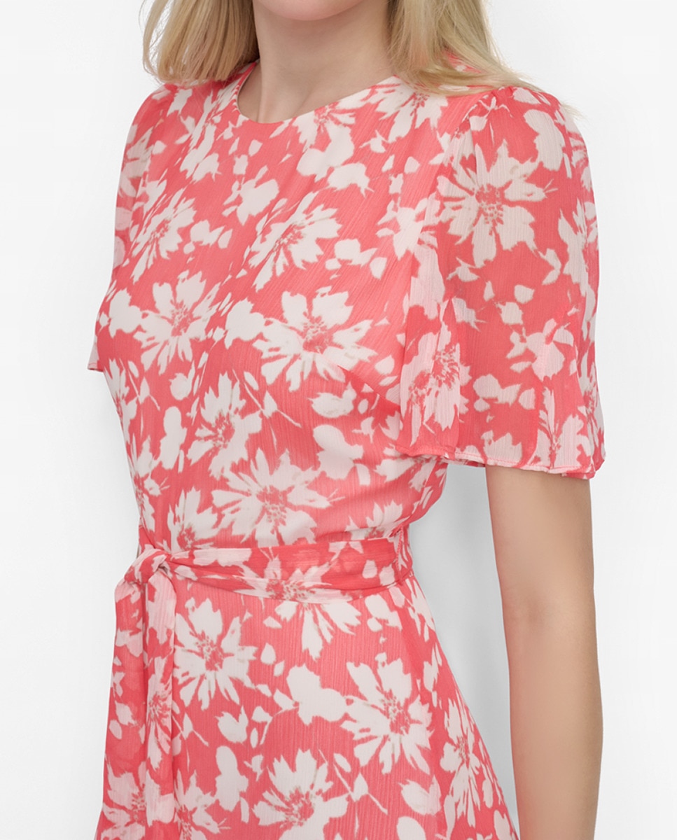 Vestido com Estampado Floral e Manga Curta Coral-5