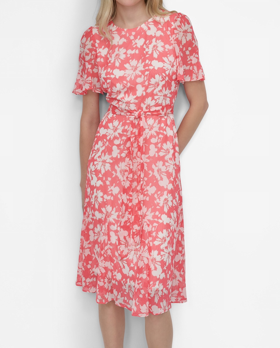 Vestido com Estampado Floral e Manga Curta Coral-4