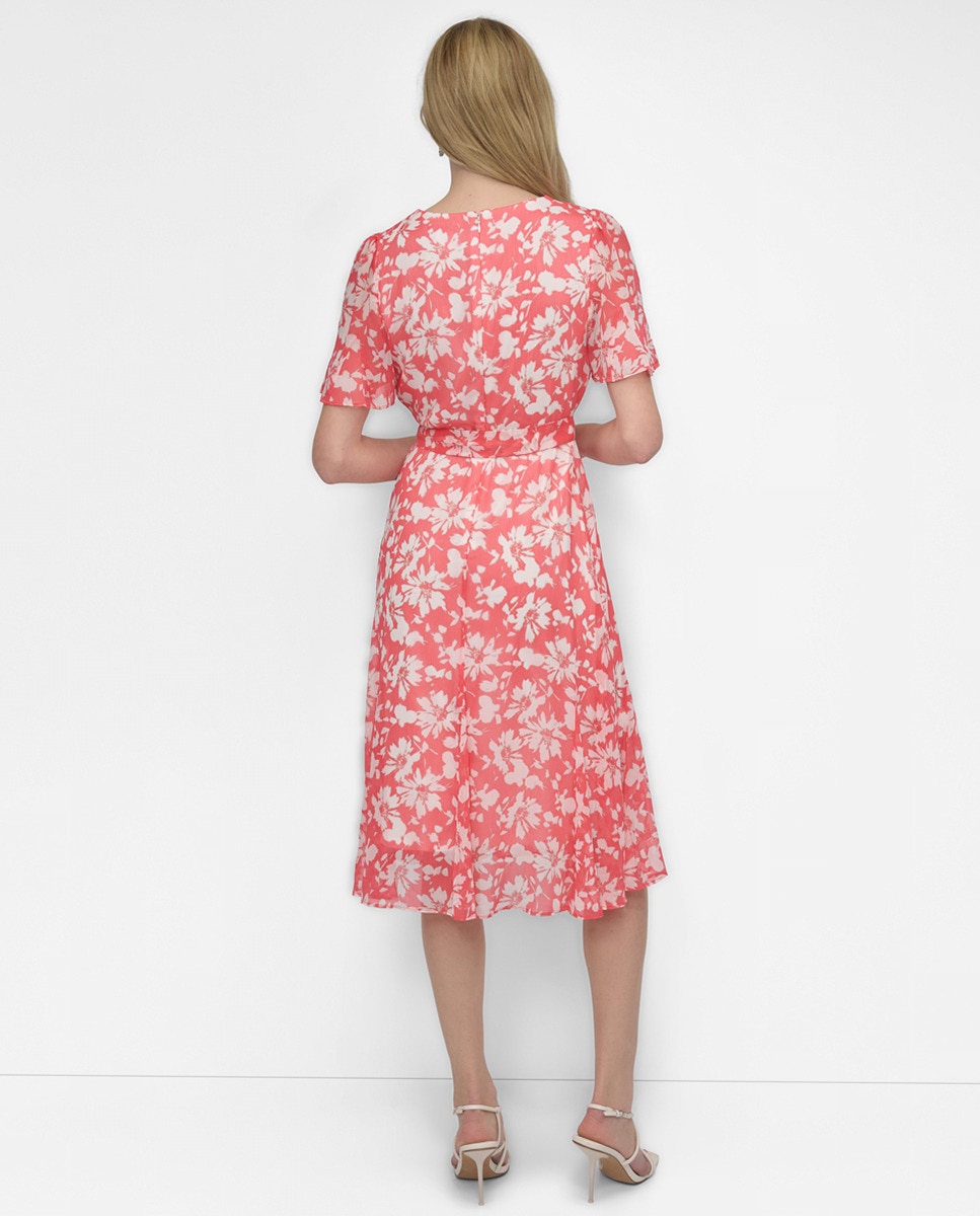 Vestido com Estampado Floral e Manga Curta Coral-2
