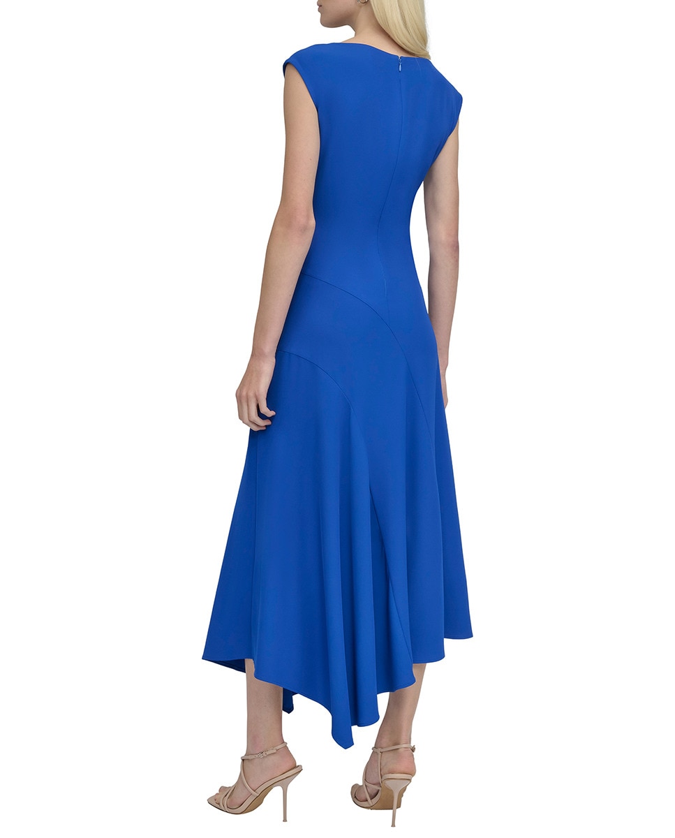 Vestido de Decote à Barco e Corte Assimétrico Azul-índigo-2