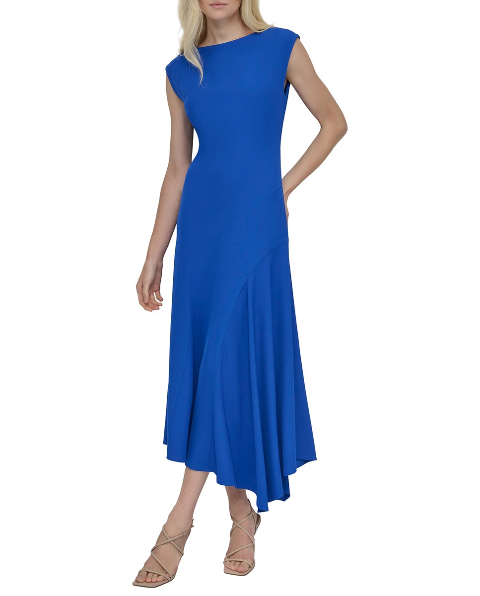 Vestido de Decote à Barco e Corte Assimétrico Azul-índigo-1