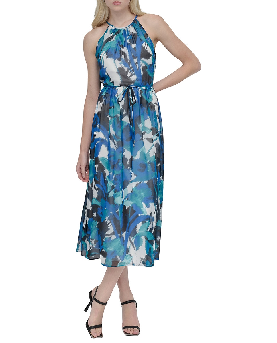 Vestido de Estampado Floral com Gola Halter Azul-índigo-1