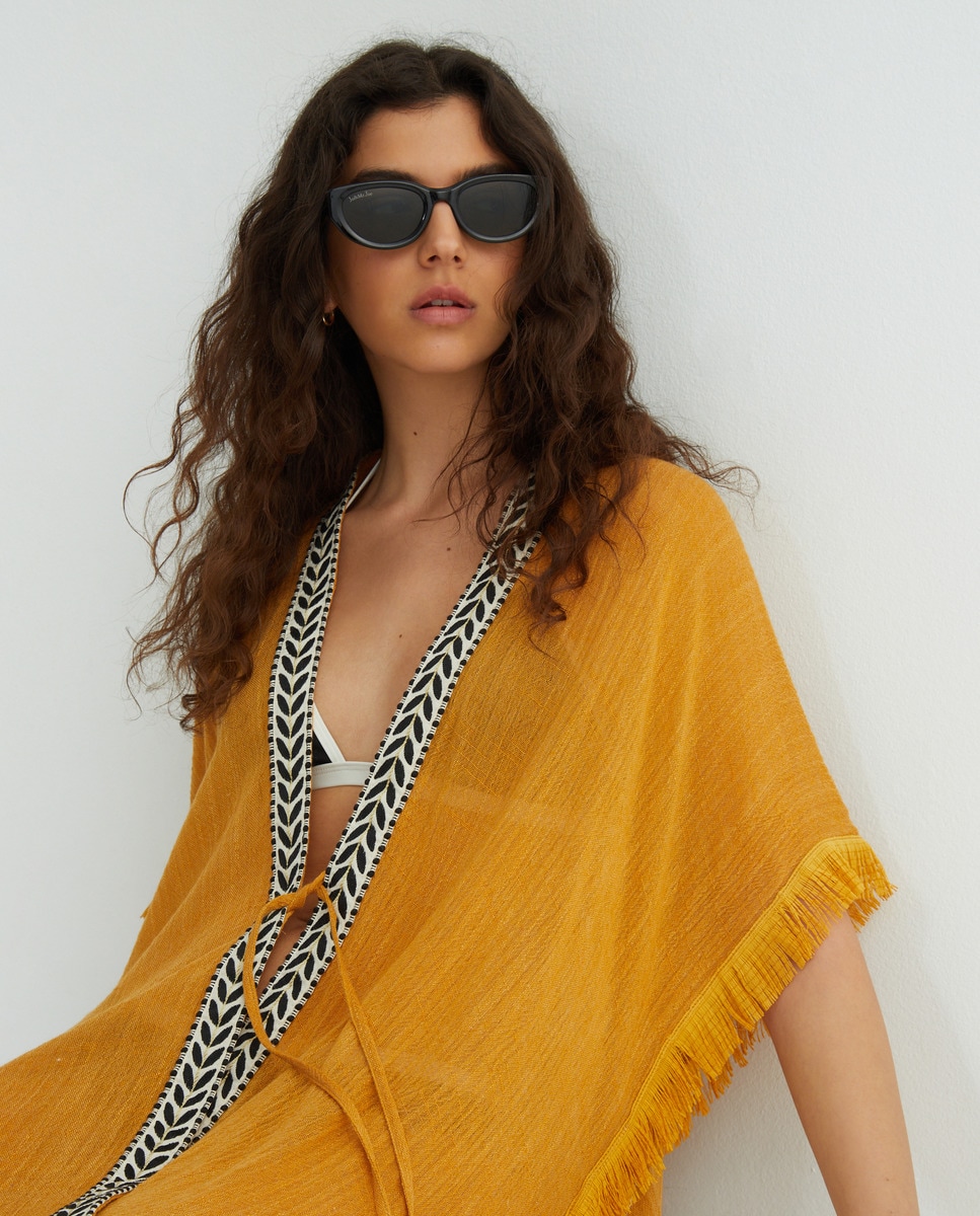 Kaftan Básico com Detalhe de Fita Mostarda-1